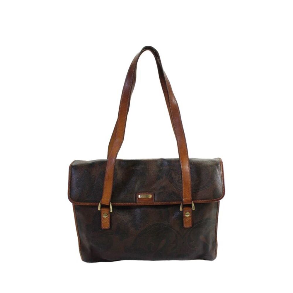 Ferre Women's Leather Trim Coated Canvas Tote Handbag With Clutch Brown Size M
